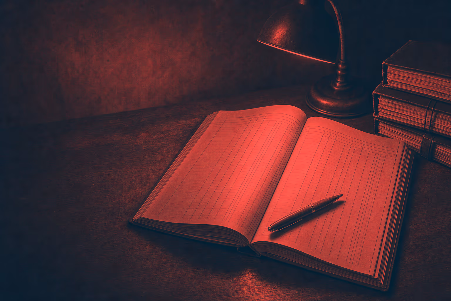 An accounts ledger open under a lamp, ruled into columns, a red pen resting across it.