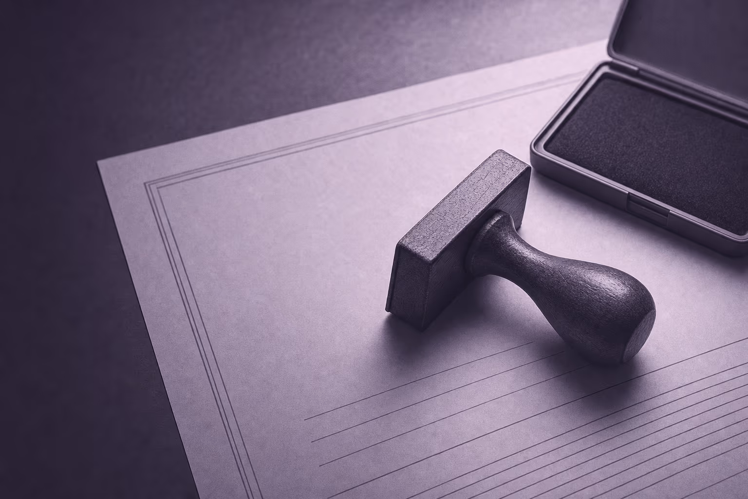 A rubber stamp resting on a printed document beside an open ink pad.