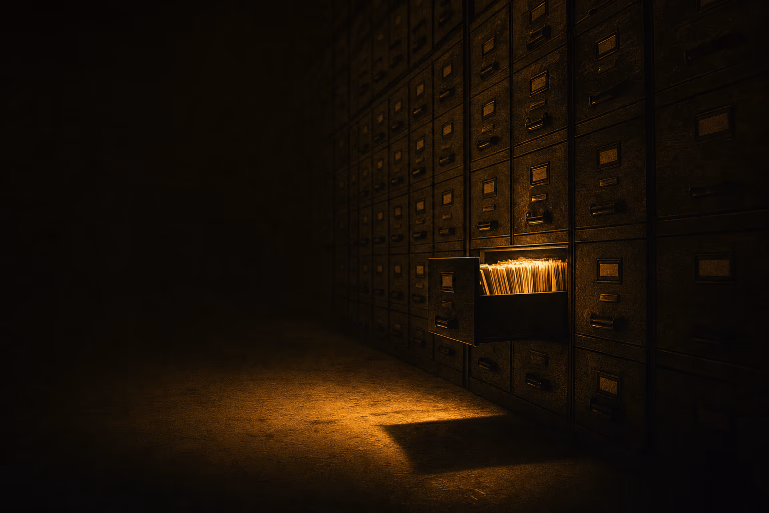 A wall of archive filing drawers receding into darkness, one drawer open and lit from within.