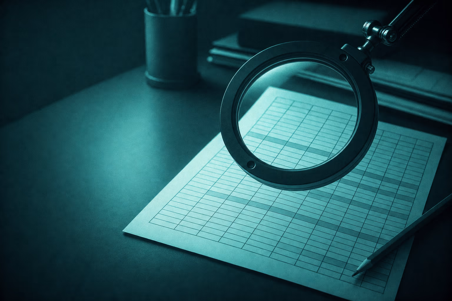 A desk magnifier held over a printed spreadsheet, enlarging part of the ruled grid.