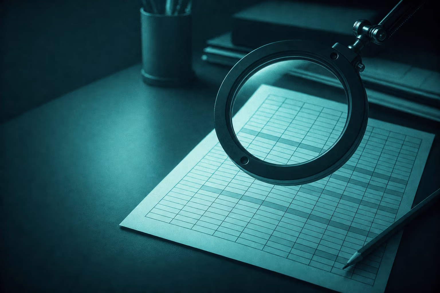 A desk magnifier held over a printed spreadsheet, enlarging part of the ruled grid.