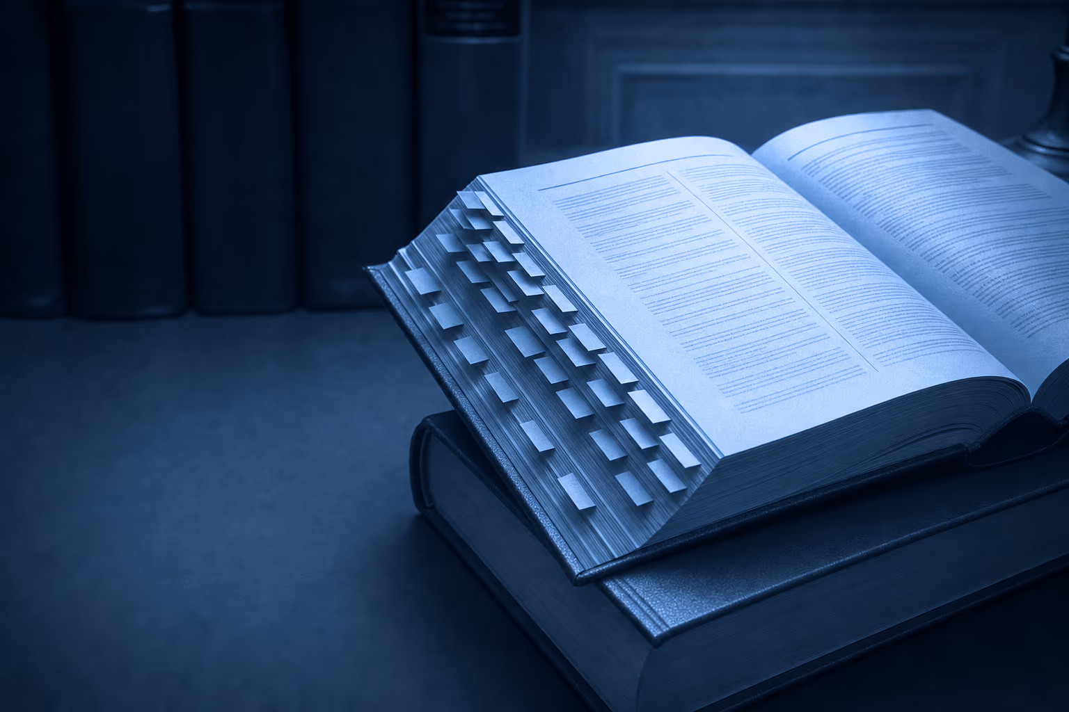 A thick bound volume of regulations lying open, dense with index tabs along the page edge.